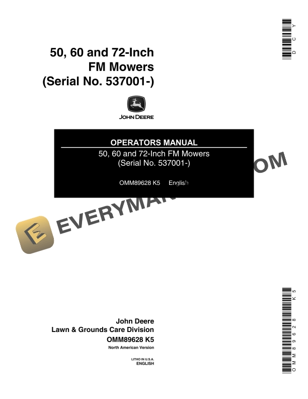 John Deere 50, 60, 72-Inch FM Mowers Operator Manual OMM89628