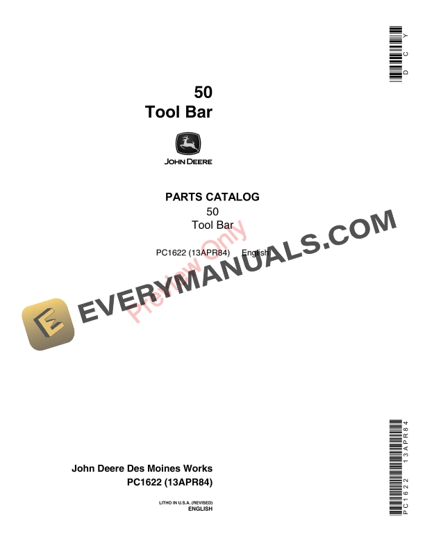 John Deere 50 Toolbar Parts Catalog PC1622 13APR84