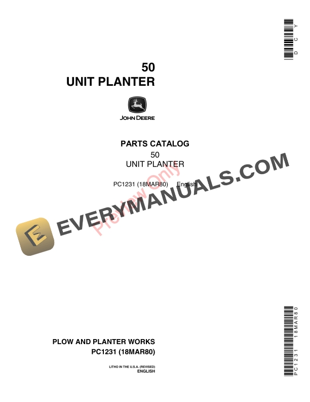 John Deere 50 Unit Planter Parts Catalog PC1231 18MAR80