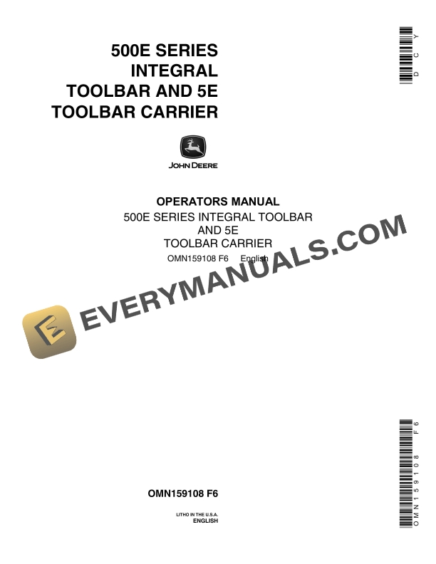 John Deere 500E Series Integral Toolbar and 5E Toolbar Carrier Operator Manual OMN159108