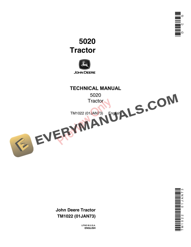 John Deere 5020 Row Crop Tractor Technical Manual TM1022 01JAN73 1