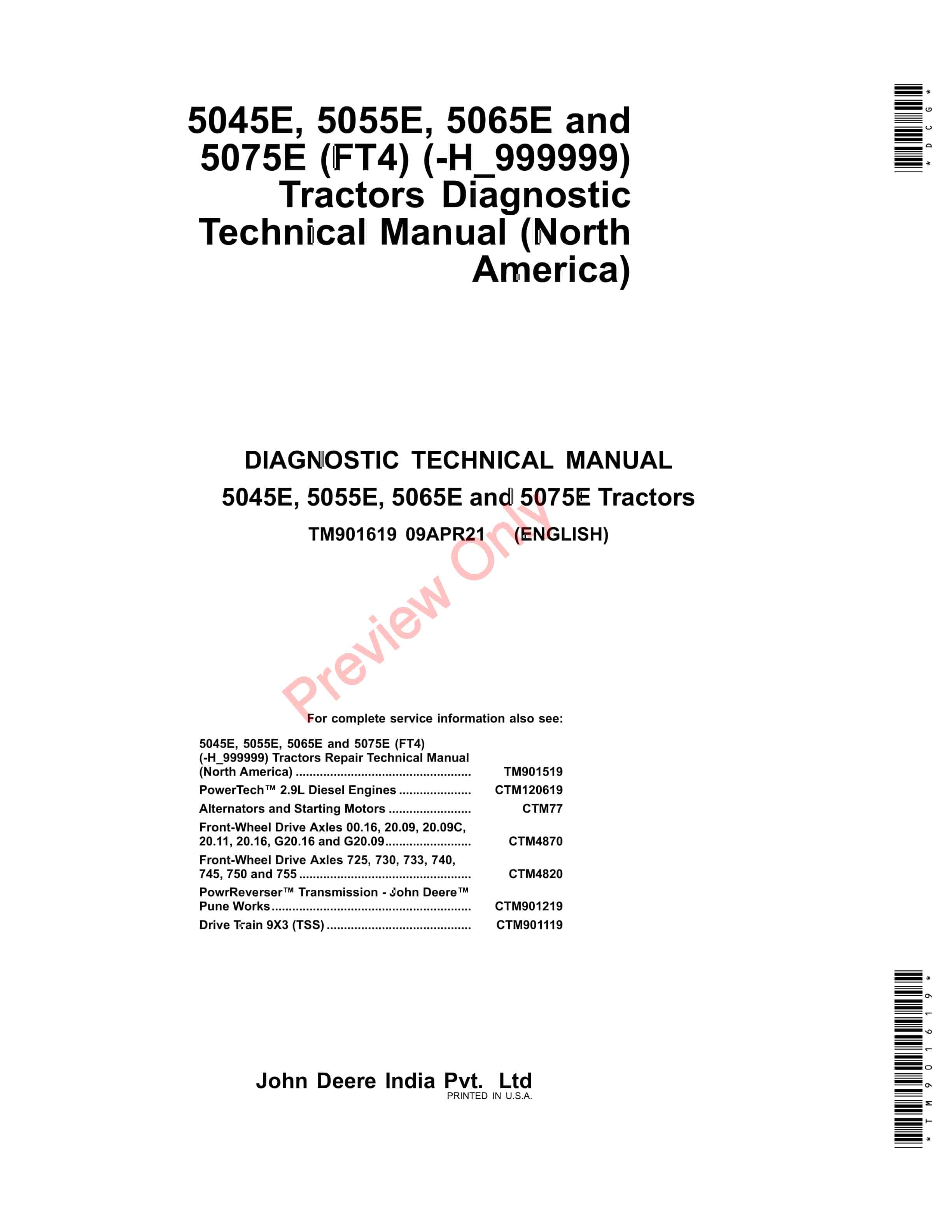 John Deere 5045E 5055E 5065E and 5075E FT4 H 999999Tractors Diagnostic Technical Manual TM901619 09APR21 1