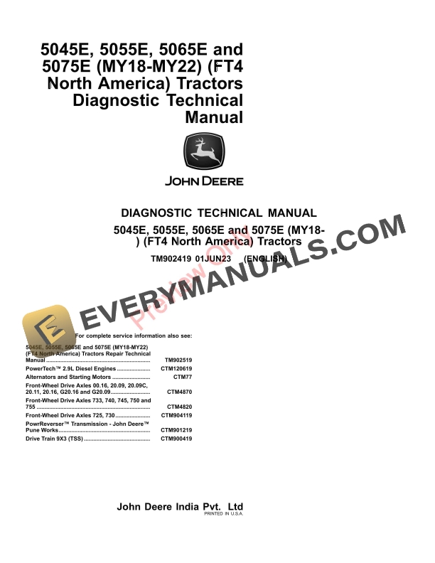 John Deere 5045E, 5055E, 5065E and 5075E (MY18 Diagnostic Technical Manual TM902419 01JUN23