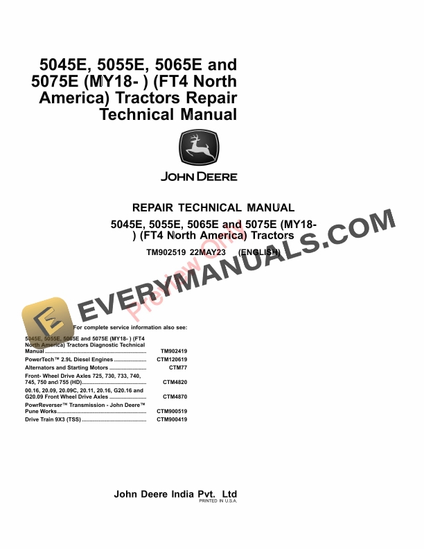 John Deere 5045E, 5055E, 5065E and 5075E (MY18 Repair Technical Manual TM902519 22MAY23