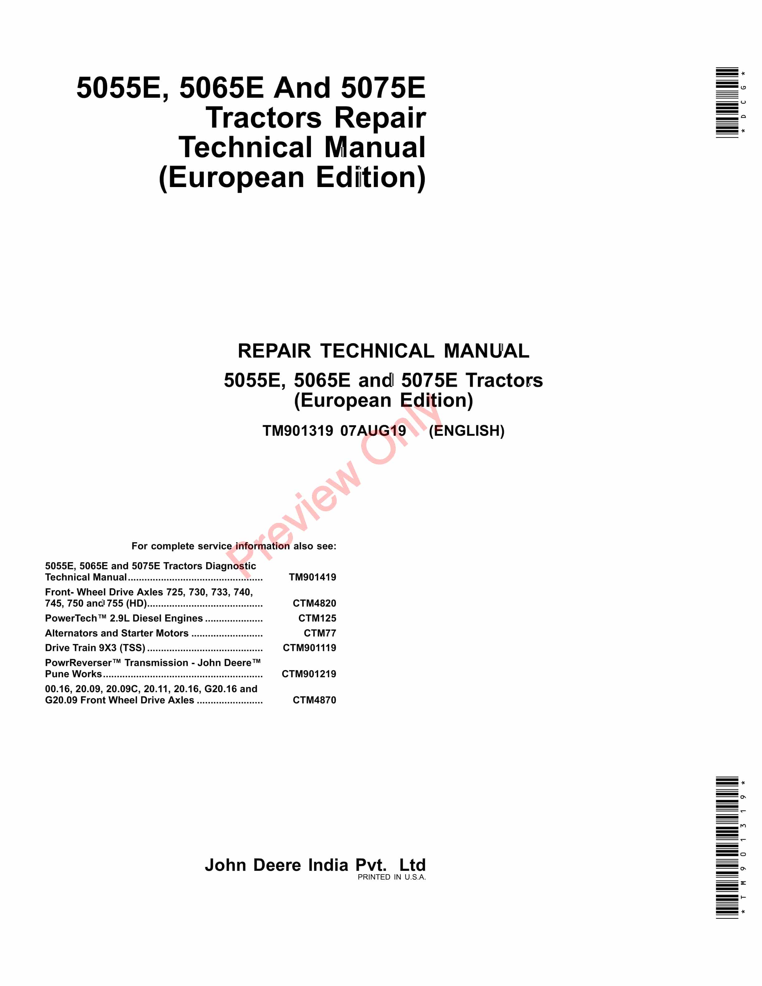 John Deere 5055E 5065E and 5075E Tractors Repair Technical Manual TM901319 07AUG19 1
