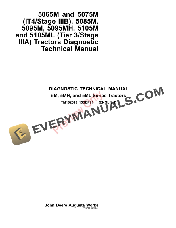 John Deere 5065M and 5075M IT4Stage IIIB 5085M 5095M 5095MH 5105M 5105ML Tier 3Stage IIIA Tractors Diagnostic Technical Manual TM102519 15SEP21 1