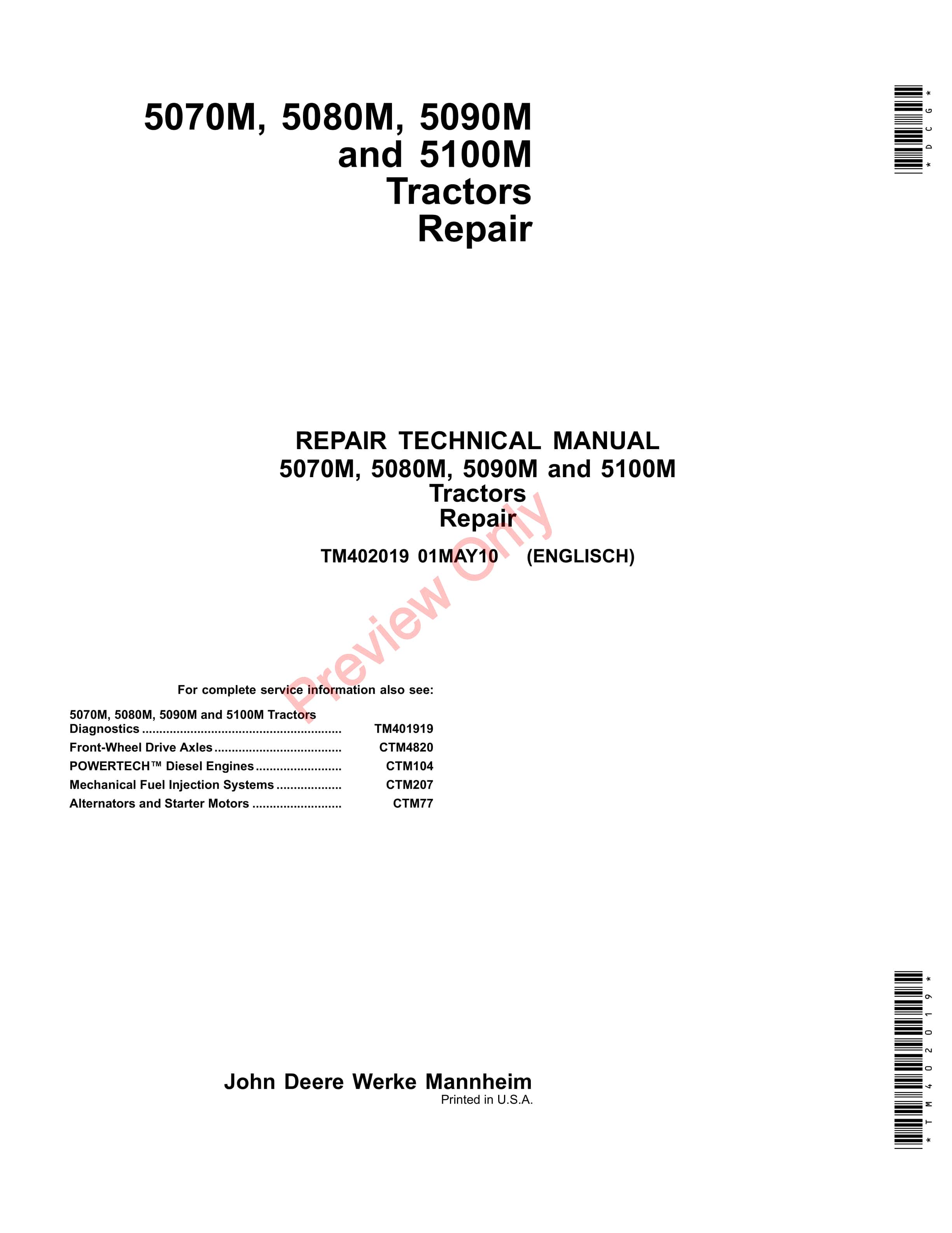 John Deere 5070M 5080M 5090M and 5100M Tractors Repair Technical Manual TM402019 01MAY10 1