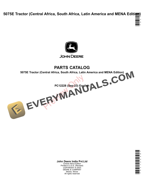 John Deere 5075E Tractor (Stage II Engine) Parts Catalog PC12228 10SEP23 PDF