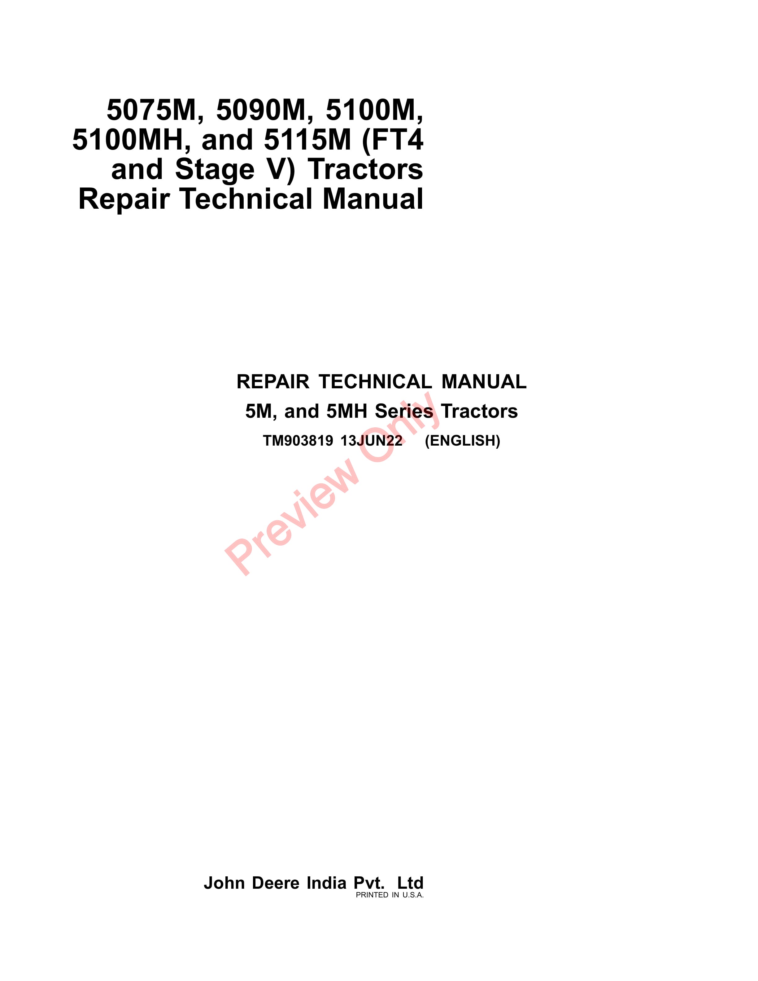 John Deere 5075M 5090M 5100M 5100MH and 5115M FT4 and Stage V Tractors Repair Technical Manual TM903819 13JUN22 1
