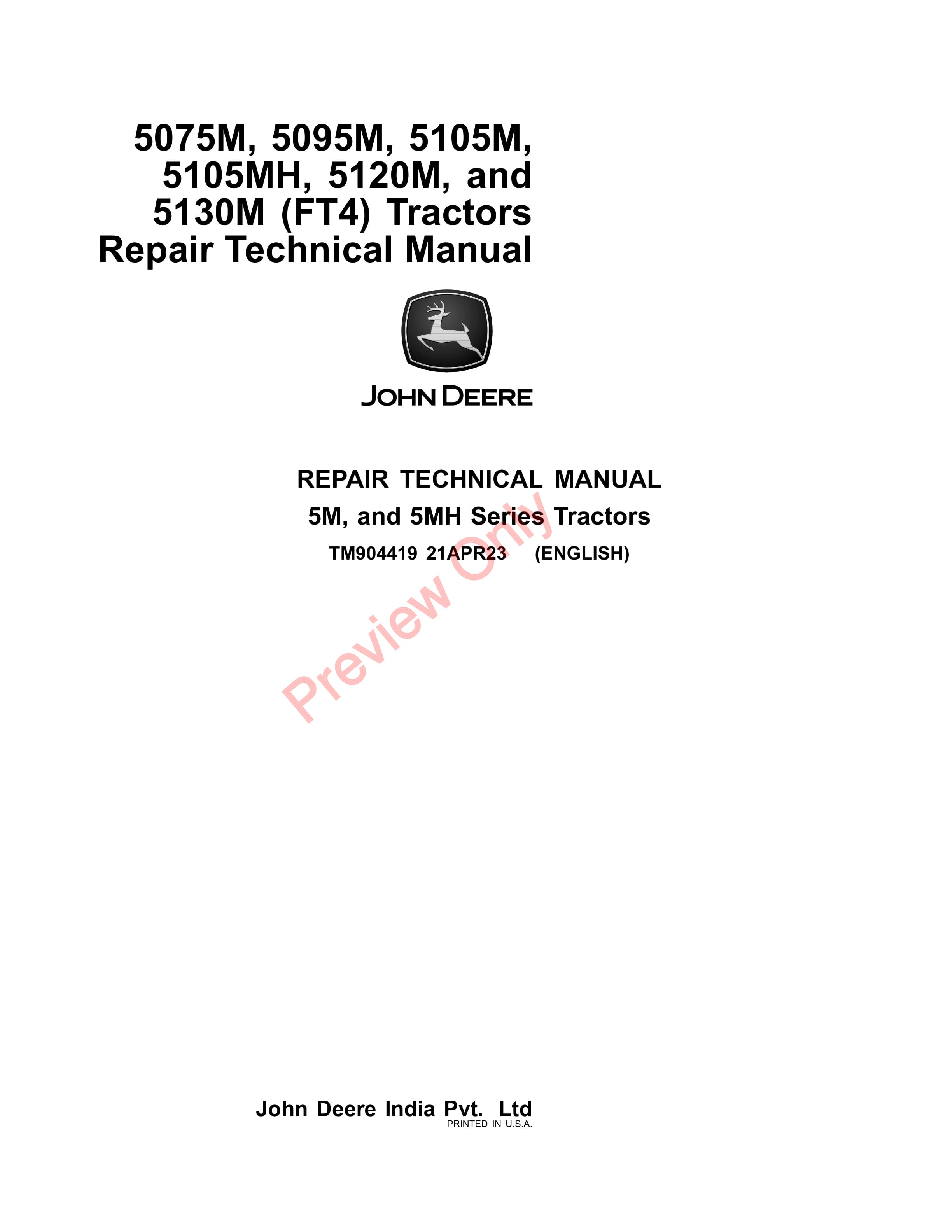 John Deere 5075M 5095M 5105M 5105MH and 5120M FT4 Tractors Repair Technical Manual TM904419 21APR23 1