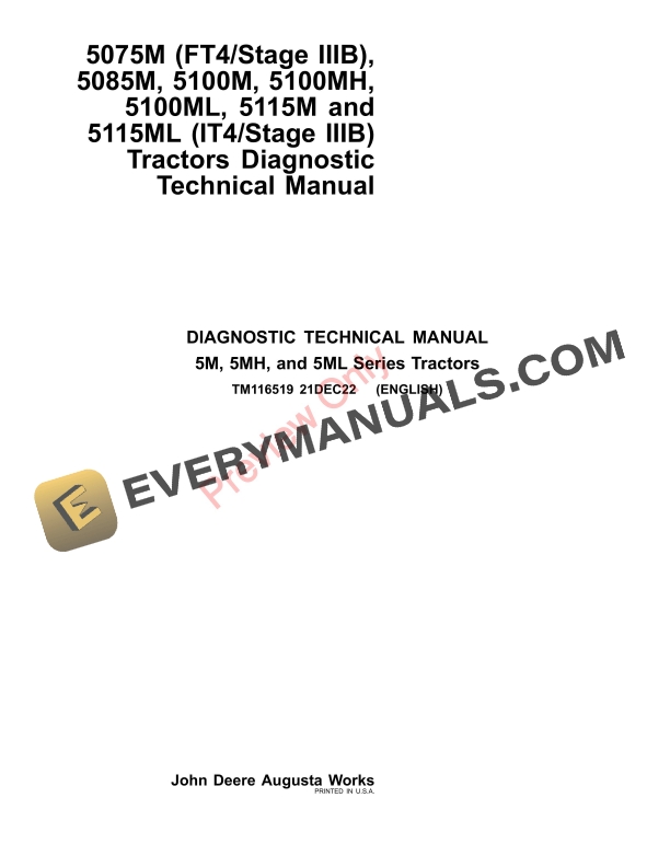 John Deere 5075M FT4Stage IIIB 5085M 5100M 5100MH5100ML 5115M and 5115ML IT4Stage IIIB Tractors Diagnostic Technical Manual TM116519 21DEC22 1