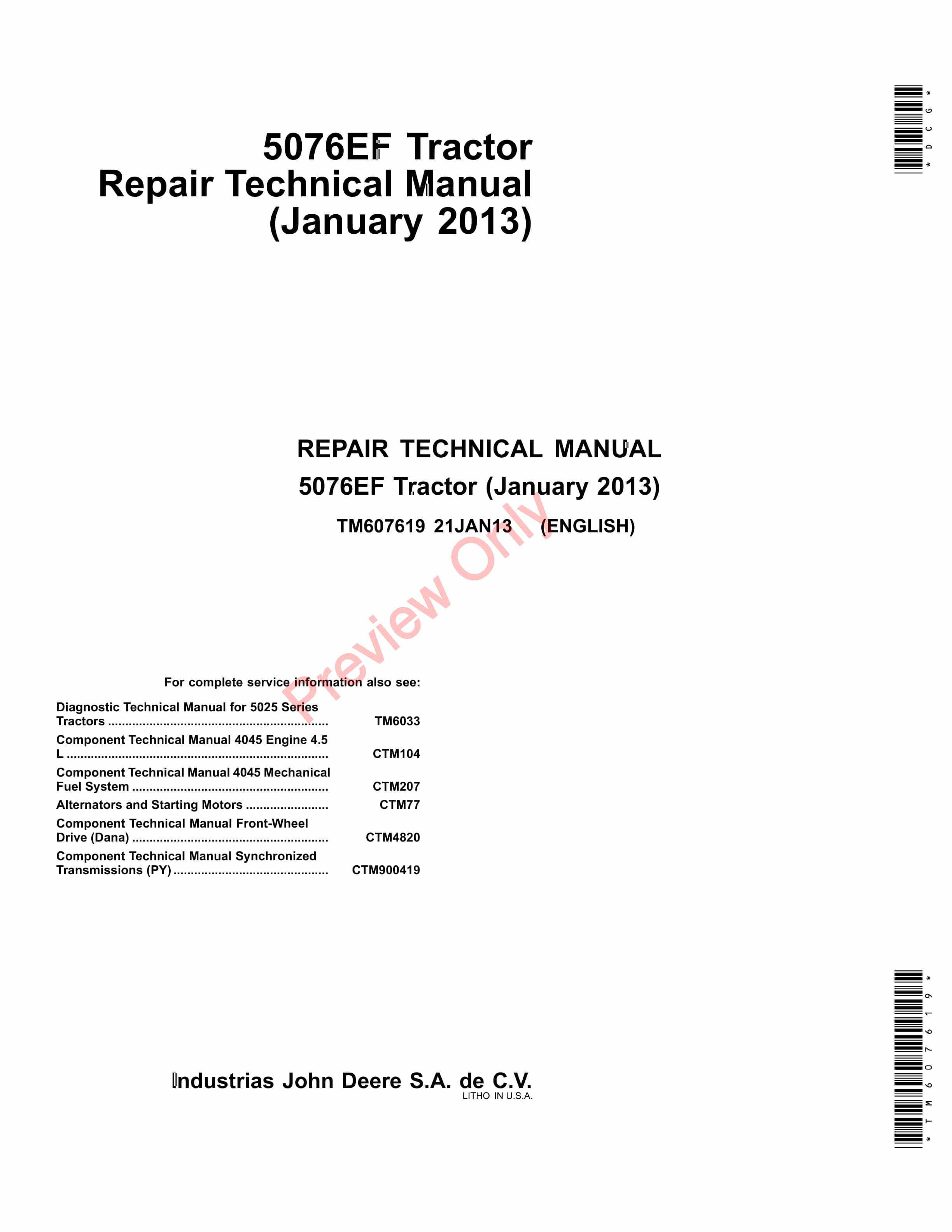John Deere 5076EF Tractors Technical Manual TM607619 21JAN13 1