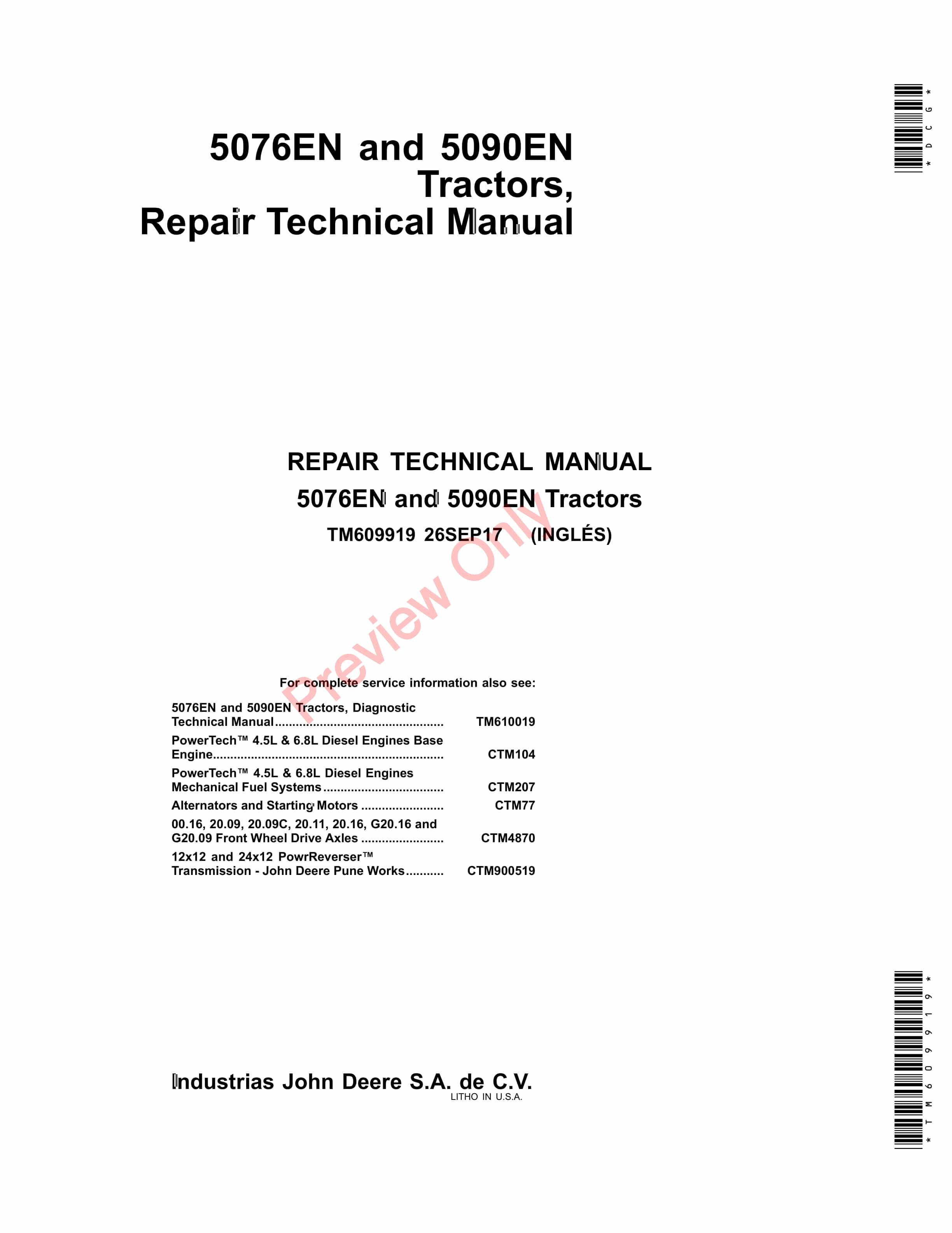 John Deere 5076EN and 5090EN Tractors Repair Technical Manual TM609919 26SEP17 1