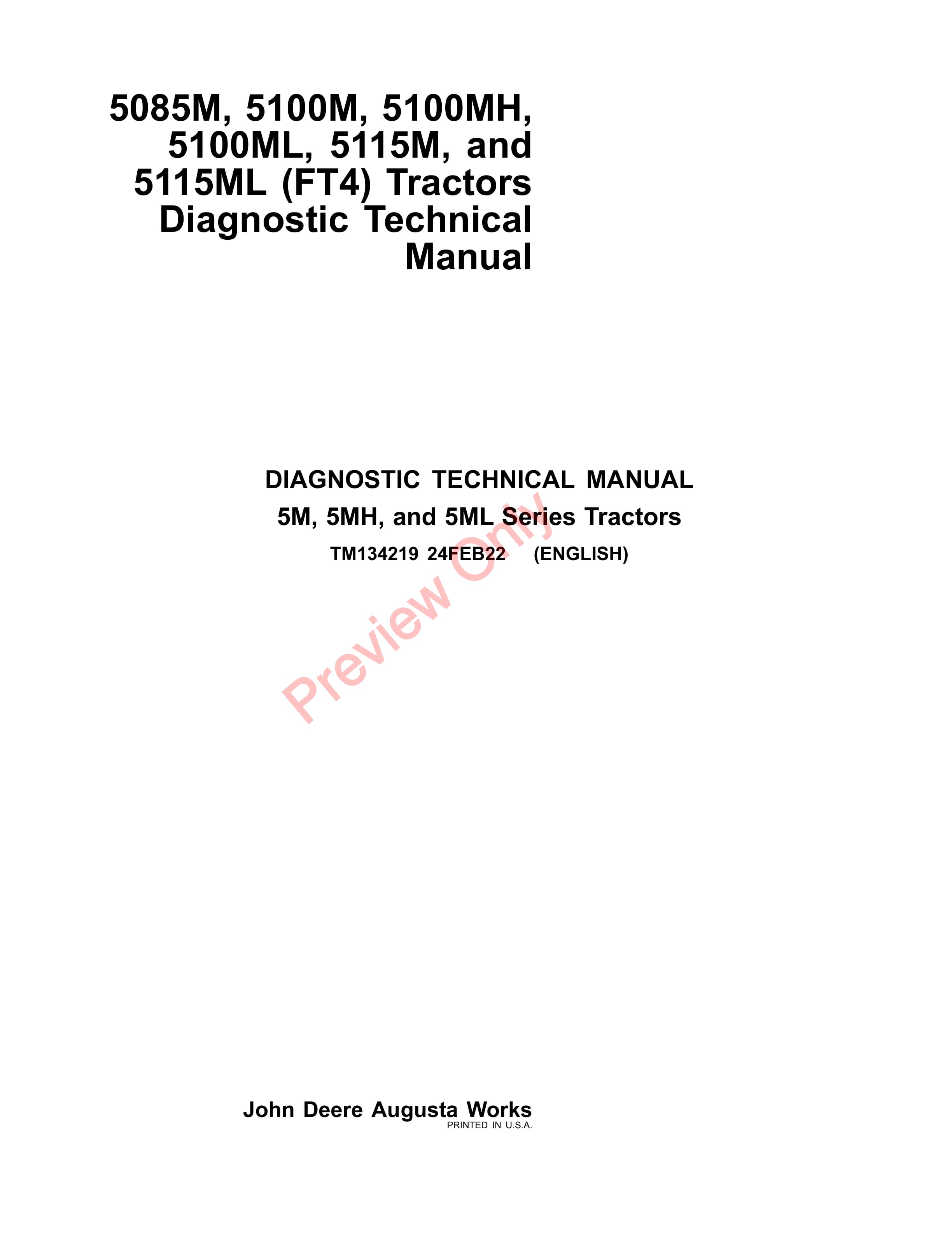 John Deere 5085M 5100M 5100MH 5100ML 5115M and 5115MLFT4 Tractors Diagnostic Technical Manual TM134219 24FEB22 1