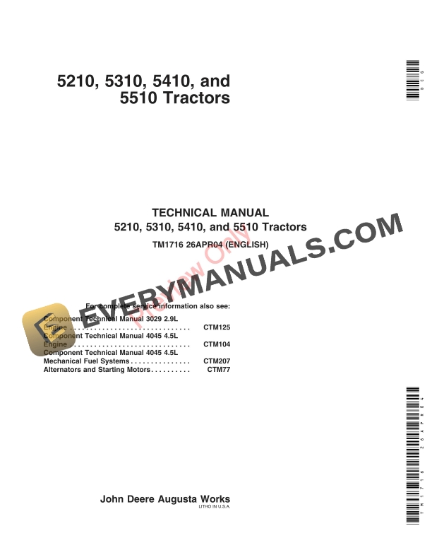 John Deere 5210, 5310, 5410, 5510 Tractors Repair Technical Manual TM1716 26APR04 PDF