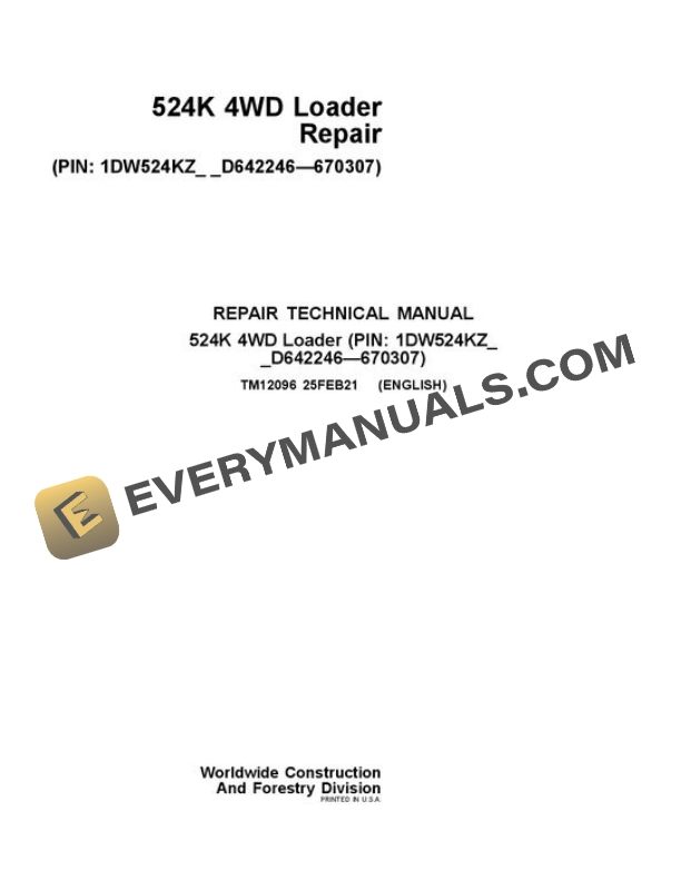 John Deere 524K Loader Repair Manual TM12096