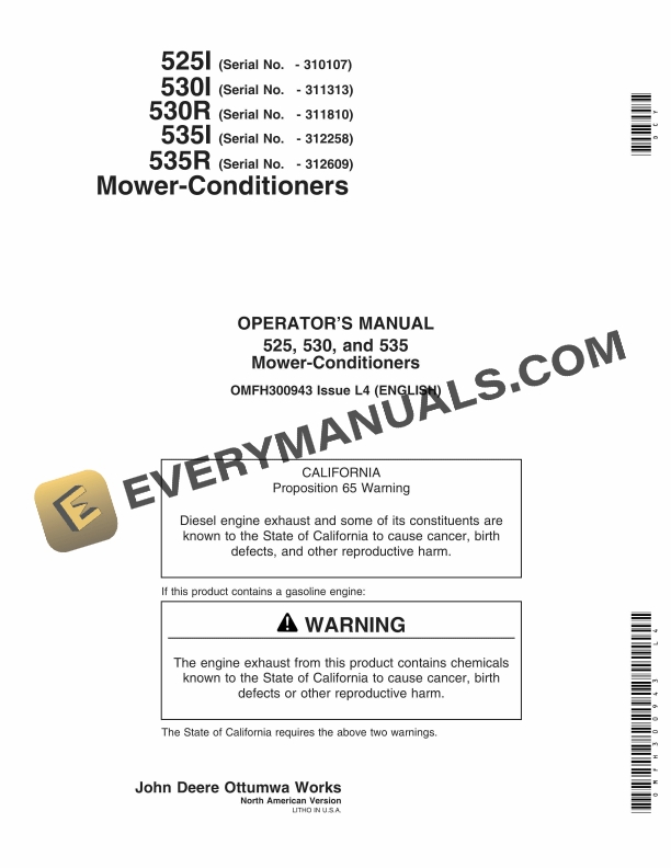 John Deere 525I 530I 530R 535I 535R Mower Conditioner Operator Manual OMFH300943 1
