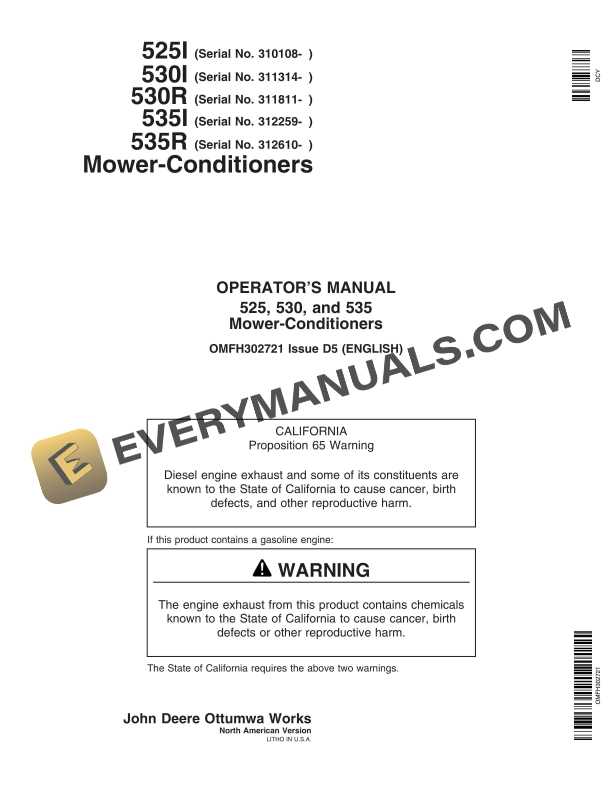 John Deere 525I 530I 530R 535I 535R Mower Conditioner Operator Manual OMFH302721 1