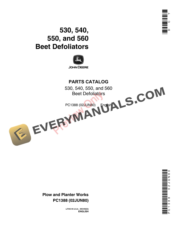 John Deere 530, 540, 550, 560 Beet Defoliators Parts Catalog PC1388 02JUN80