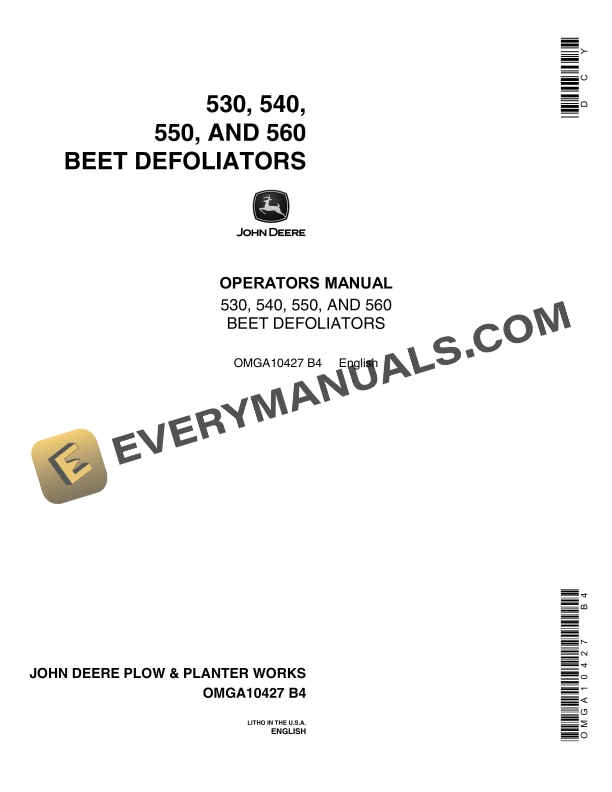 John Deere 530 540 550 AND 560 BEET DEFOLIATORS Operator Manual OMGA10427 1