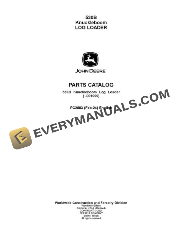 John Deere 530B Knuckleboom Loader Parts Catalog PC2883