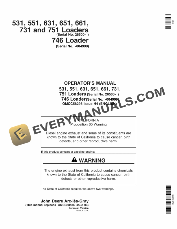 John Deere 531 551 631 651 661 731 and 751 746 Loader Operator Manual OMCC58296 1