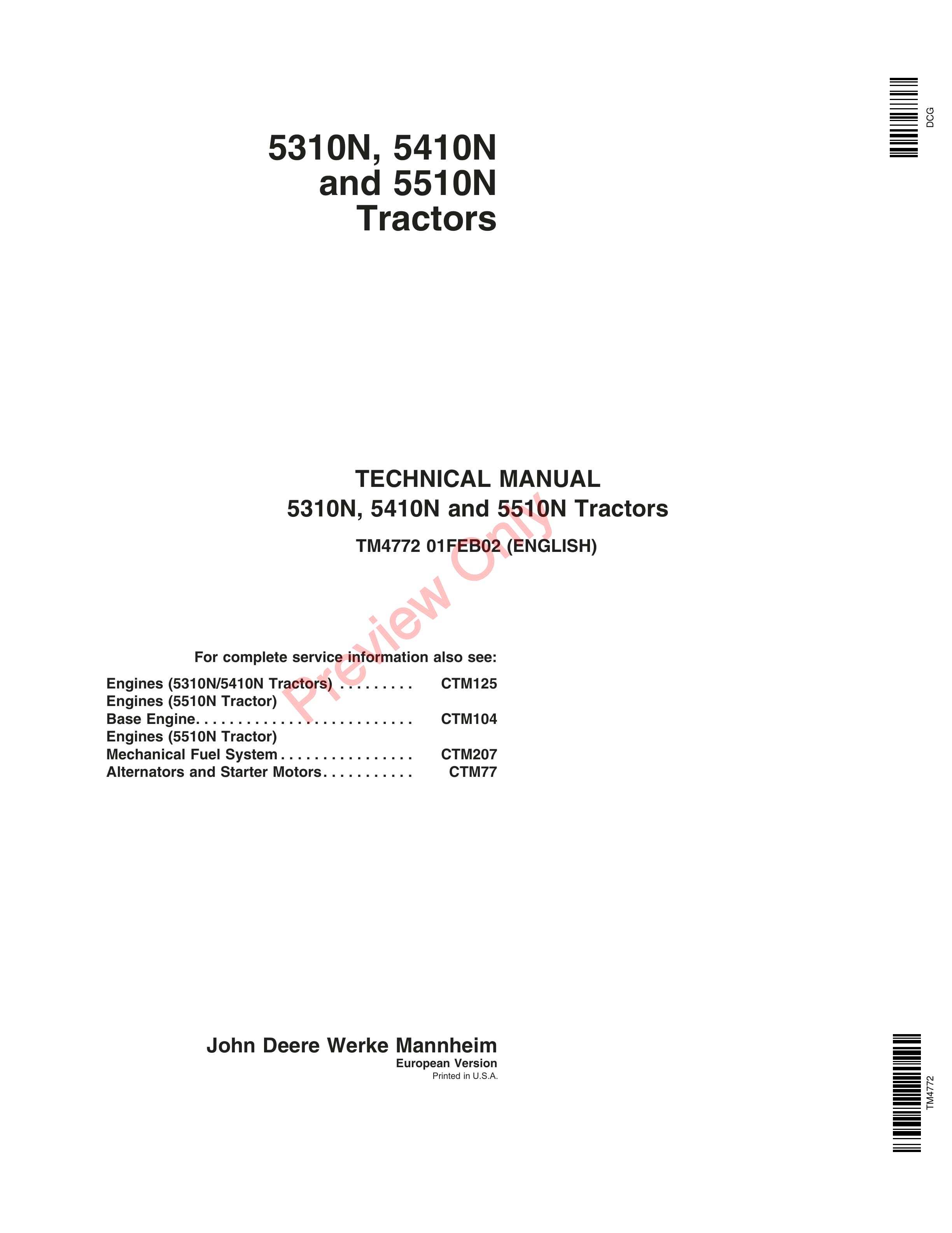 John Deere 5310N 5410N and 5510N Tractors Technical Manual TM4772 01FEB02 1