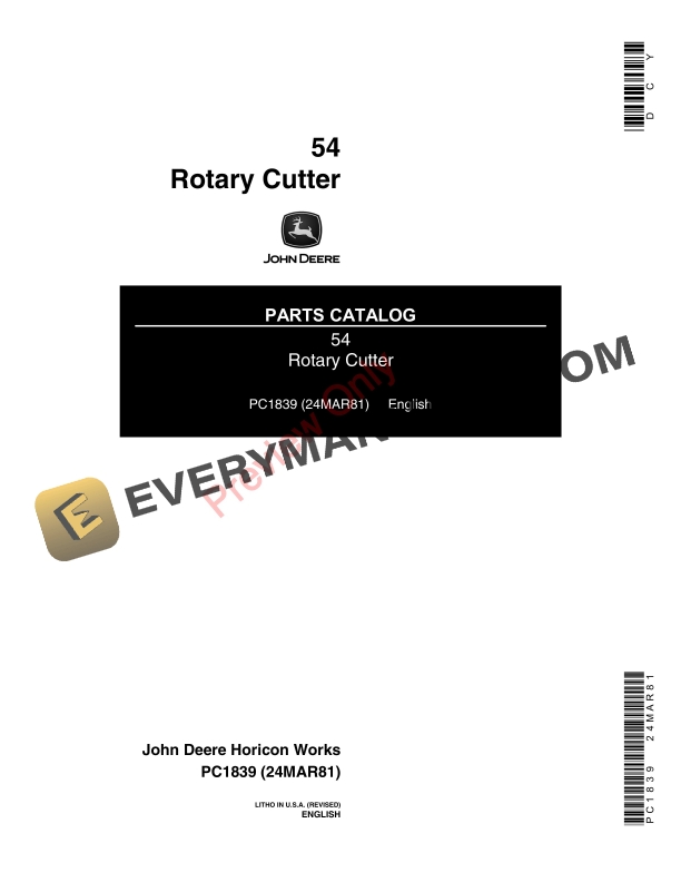 John Deere 54 Rotary Cutter Parts Catalog PC1839 24MAR81