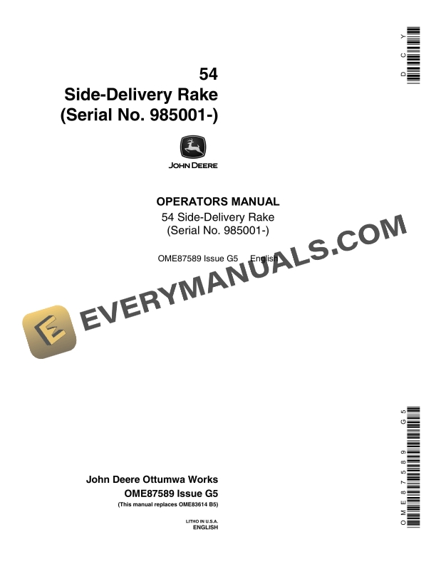 John Deere 54 Side Delivery Rakes Operator Manual OME87589 1