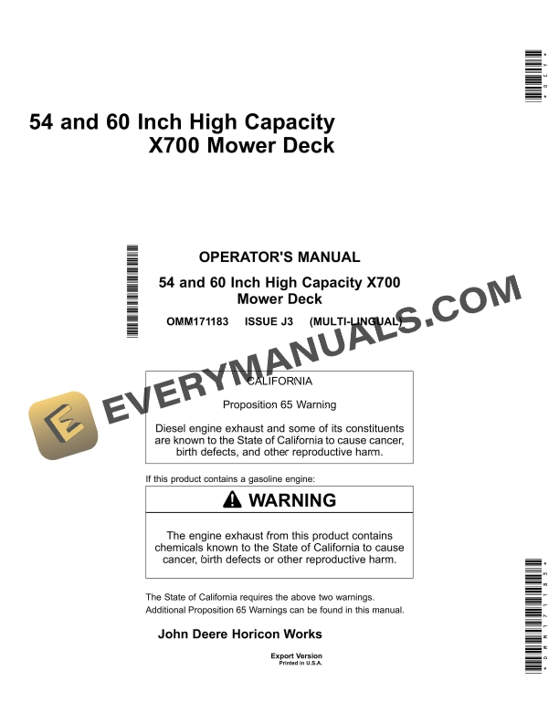 John Deere 54 and 60 Inch High Capacity X700 Mower Decks Operator Manual OMM171183 1