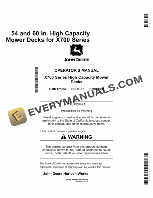 John Deere 54 and 60 In. High Capacity Mower Decks For X700 Series Operator Manual OMM175656