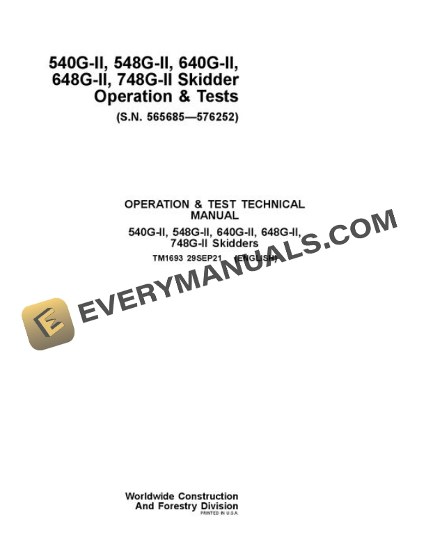 John Deere 540GII 548GII 640GII 648GII 748GII Skidder Test Manual TM1693