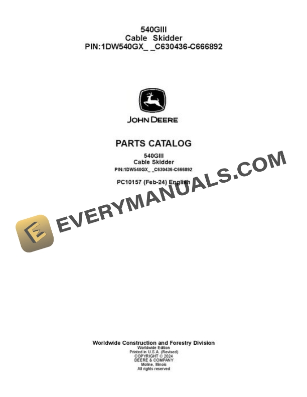 John Deere 540GIII Skidder Parts Catalog PC10157