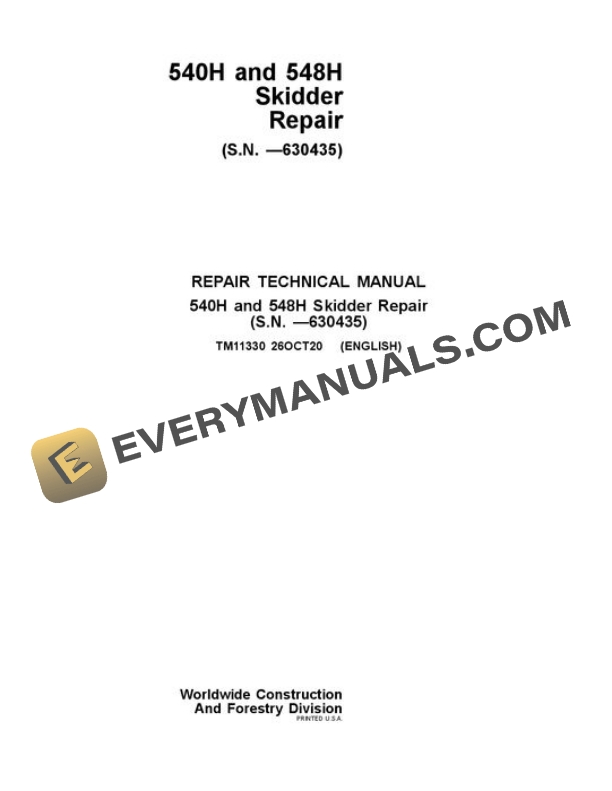 John Deere 540H 548H Skidder Repair Manual TM11330