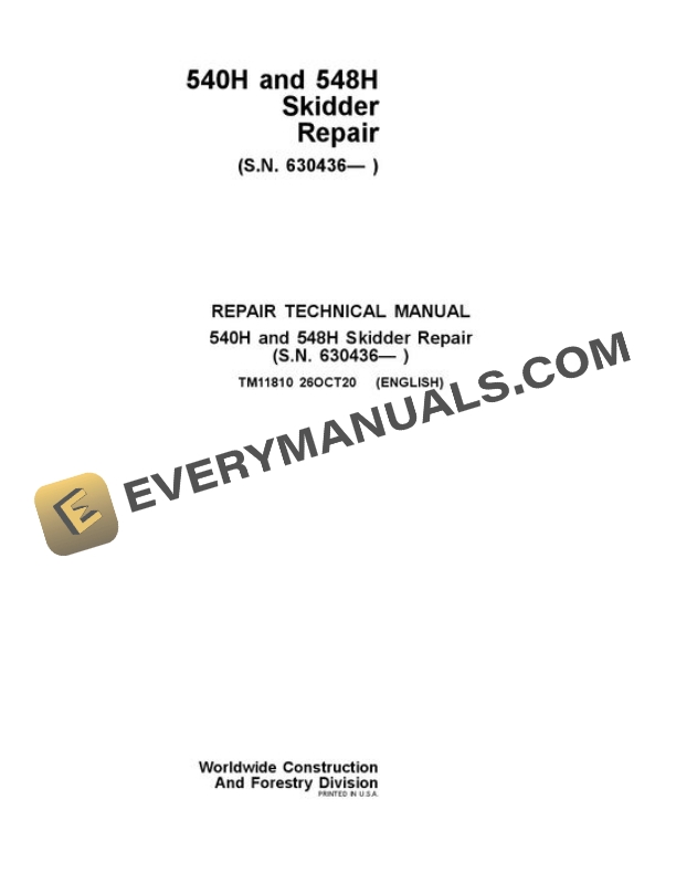John Deere 540H 548H Skidder Repair Manual TM11810