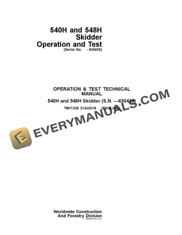 John Deere 540H 548H Skidder Test Manual TM11329