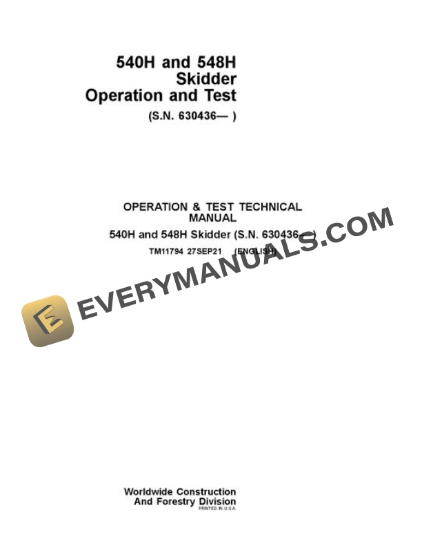 John Deere 540H 548H Skidder Test Manual TM11794