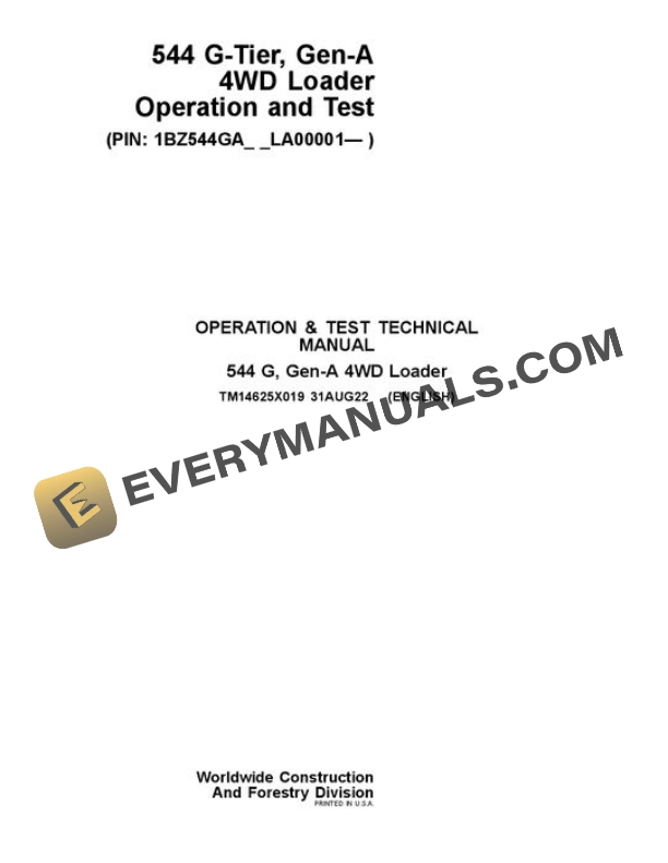 John Deere 544 G Loader Test Manual TM14625X019