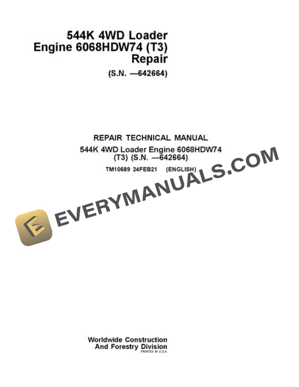 John Deere 544K Loader Repair Manual TM10689
