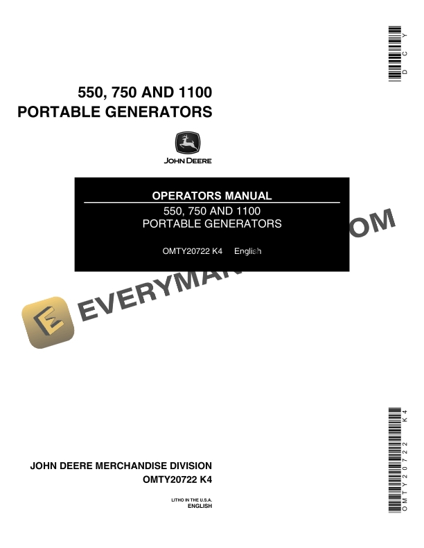 John Deere 550 750 AND 1100 PORTABLE GENERATORS Operator Manual OMTY20722 1