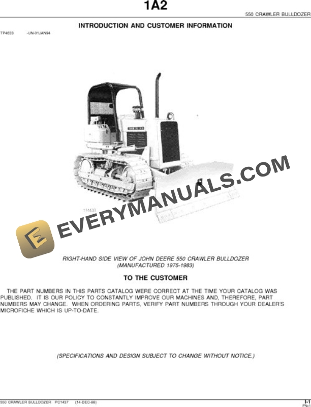 John Deere 550 Crawler Parts Catalog PC1437