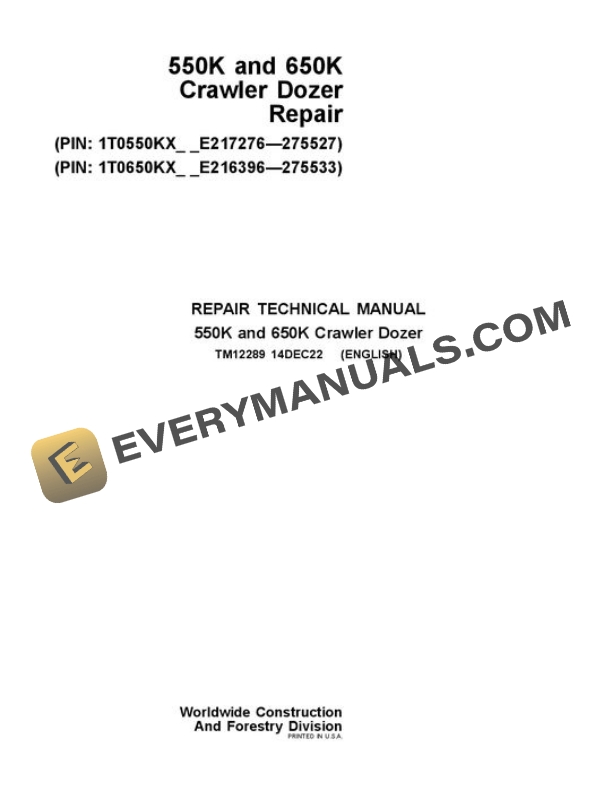 John Deere 550K 650K Crawler Dozer Repair Manual TM12289