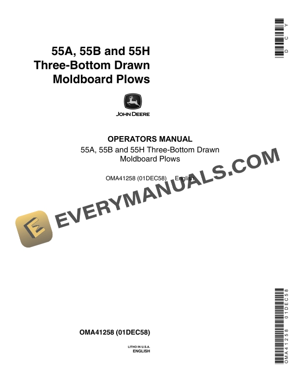 John Deere 55A, 55B, 55H Three-Bottom Drawn Moldboard Plow Operator Manual OMA41258 2 John Deere 55A 55B and 55H Three Bottom Drawn Moldboard Plow Operator Manual OMA41258 1