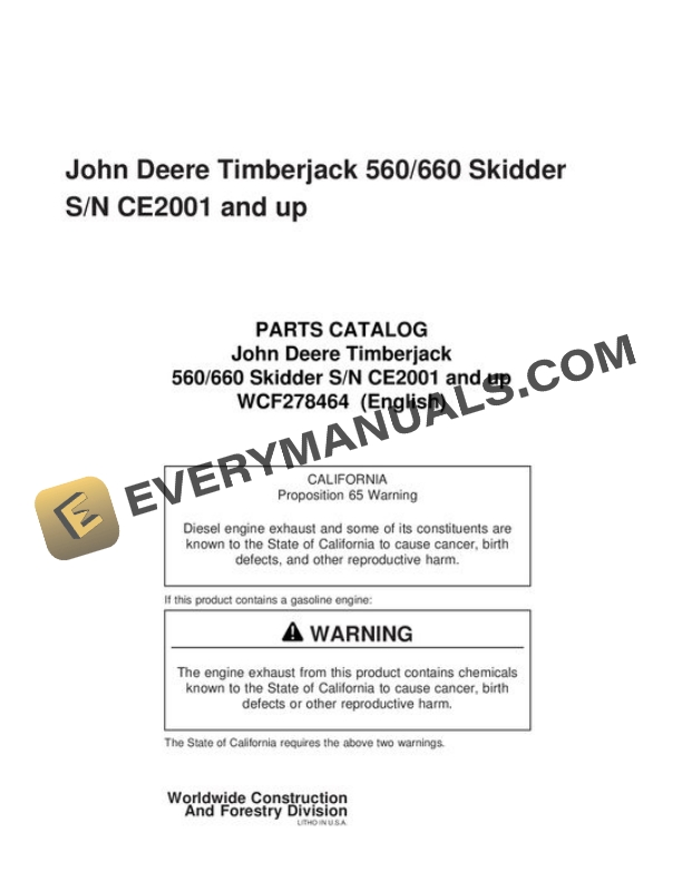 John Deere 560 660 Skidder Parts Catalog WCF278464