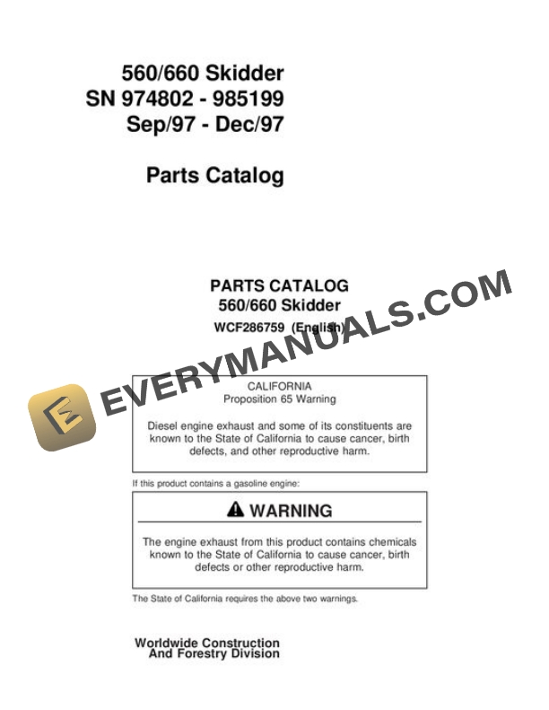John Deere 560 660 Skidder Parts Catalog WCF286759