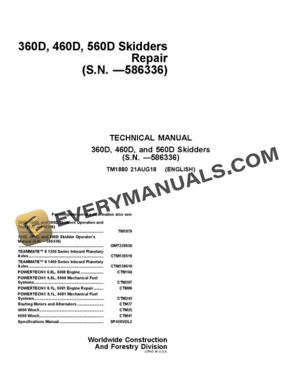 John Deere 560D 460D 360D Skidder Repair Manual TM1880