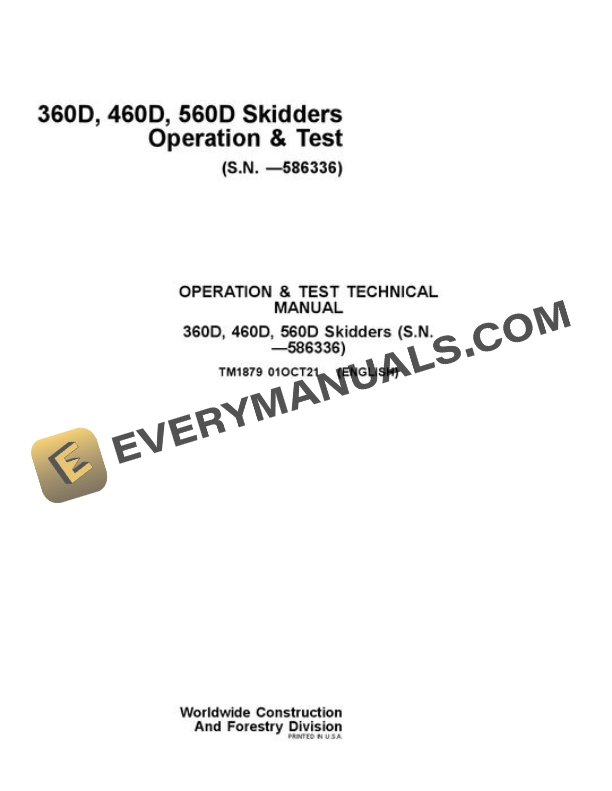 John Deere 560D 460D 360D Skidder Test Manual TM1879