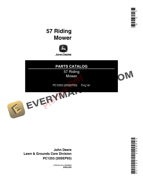 John Deere 57 Riding Mower Parts Catalog PC1253 20SEP93