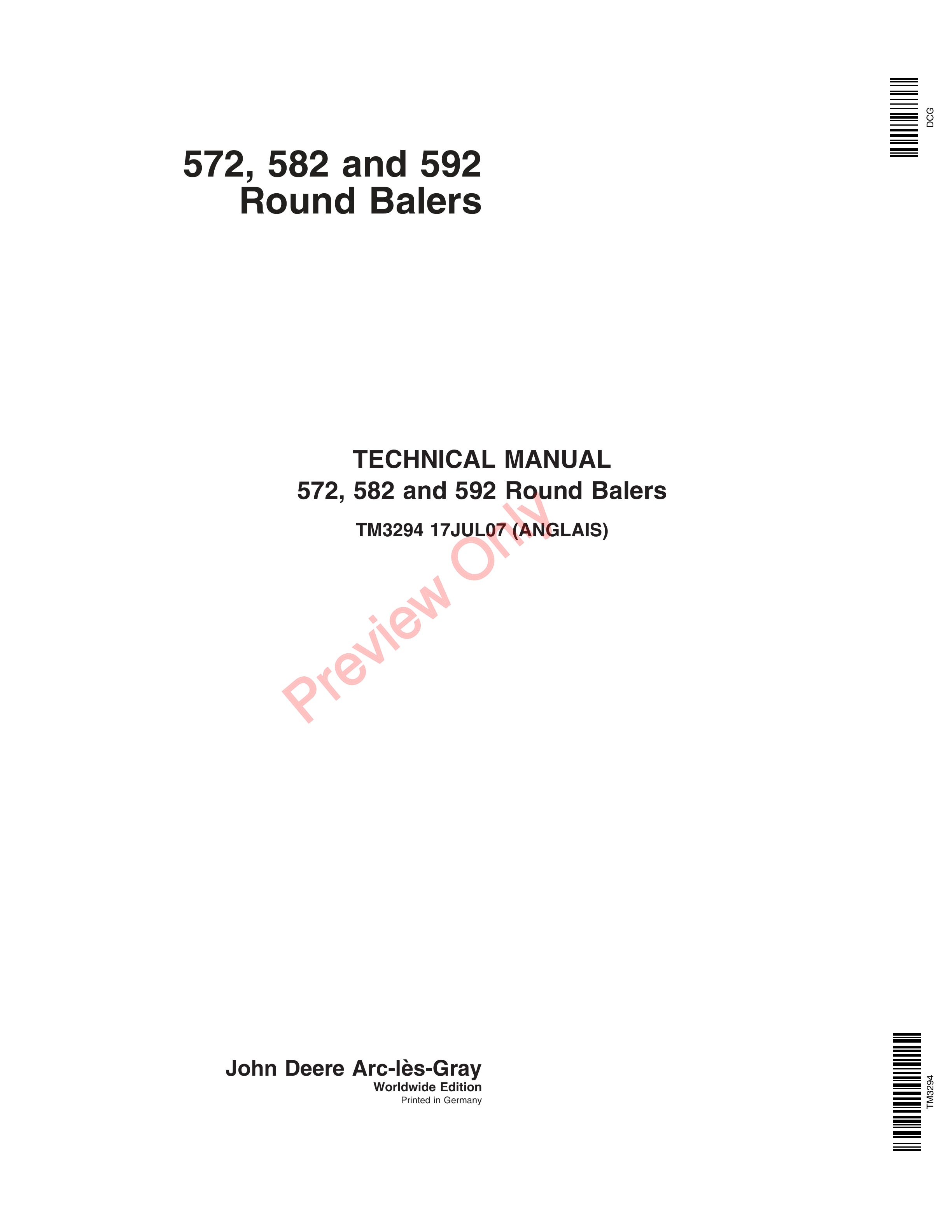 John Deere 572, 582, 592 Round Baler Technical Manual TM3294 17JUL07 PDF