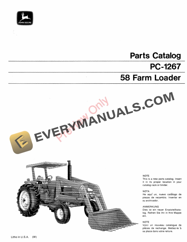 John Deere 58 Farm Loader Parts Catalog PC1267 01FEB80